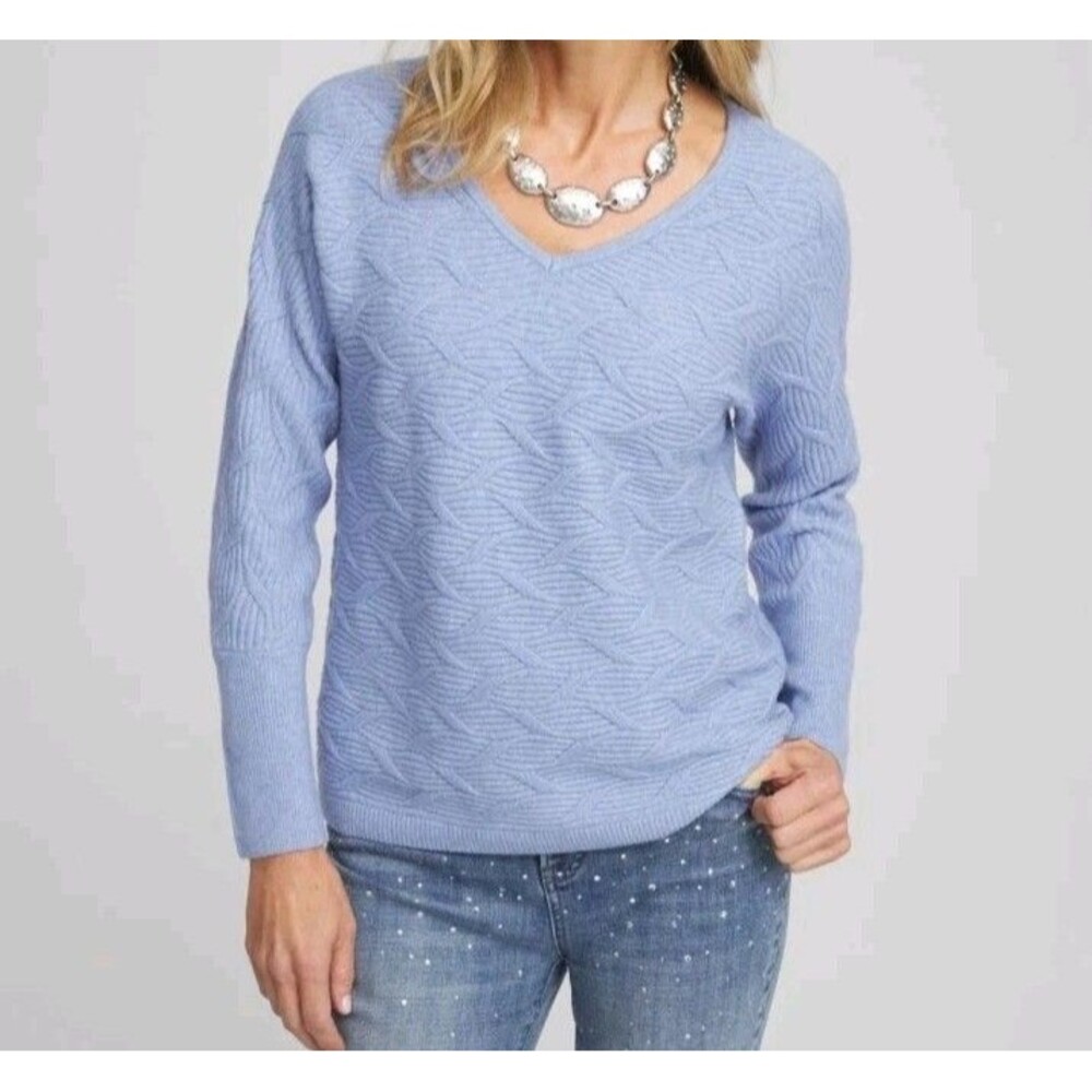 Chico’s Womens Cable Knot Lightweight Pastel Blue V-Neck Sweater Size 2 Large